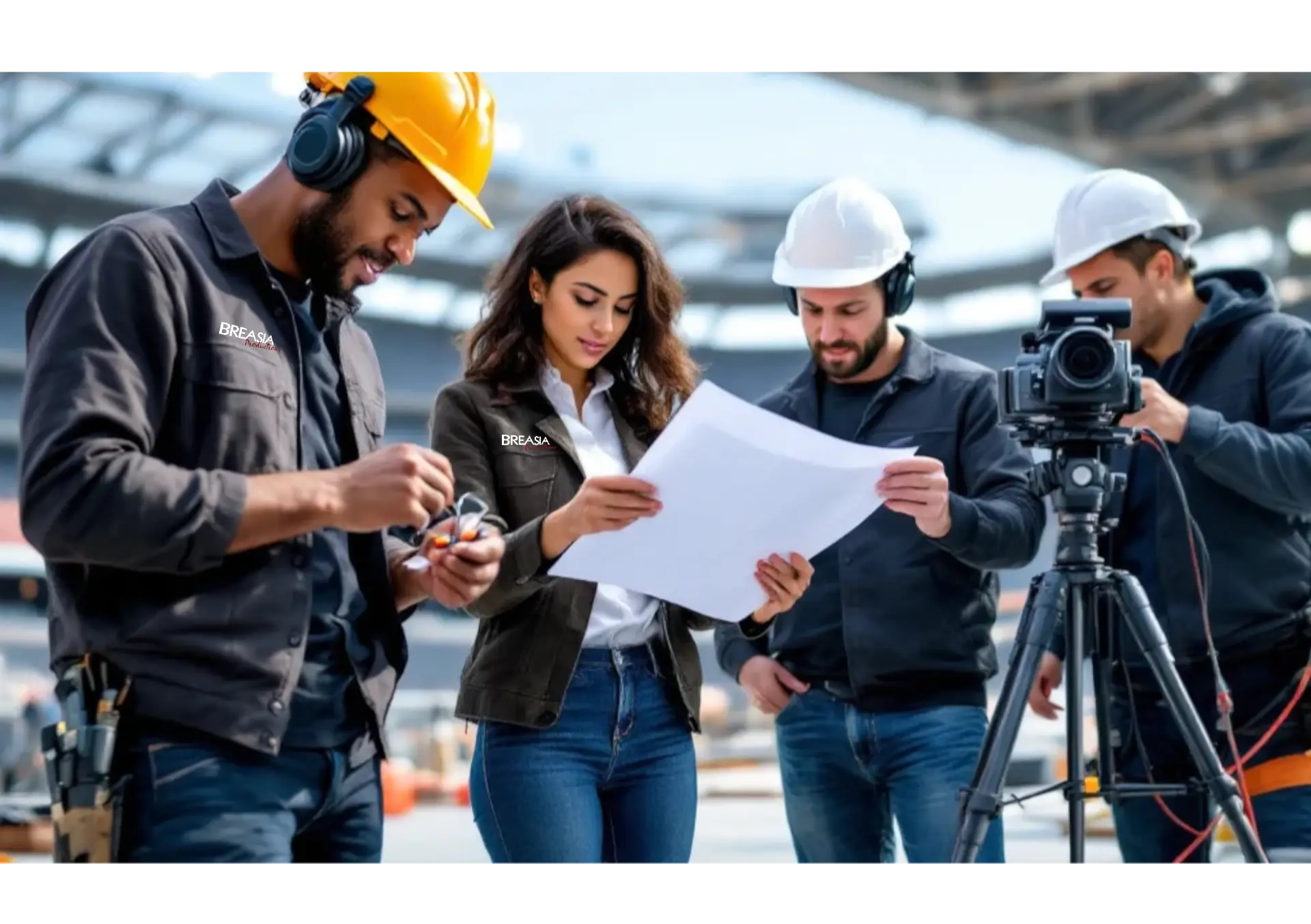 Breasia Productions crew reviewing plans on site with camera and audio gear