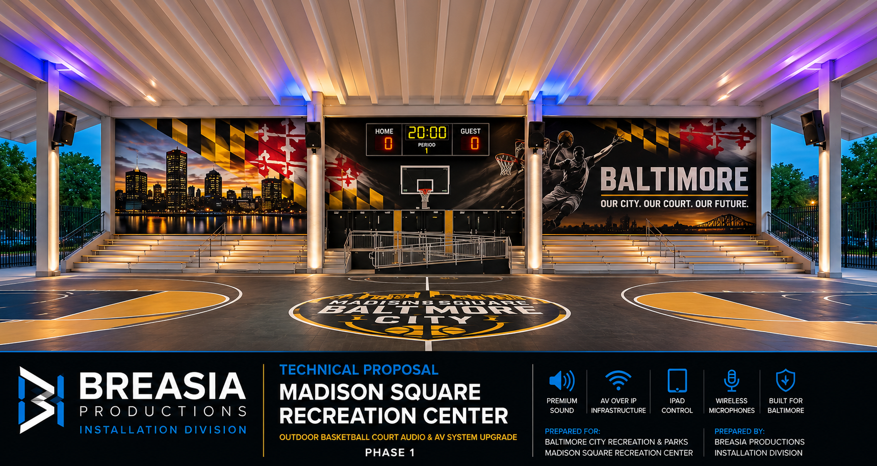 Madison Square Recreation Center outdoor court AV upgrade proposal rendering
