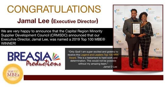 Jamal Lee, Executive Director of Breasia Productions, accepting the 2019 Top 100 MBE award