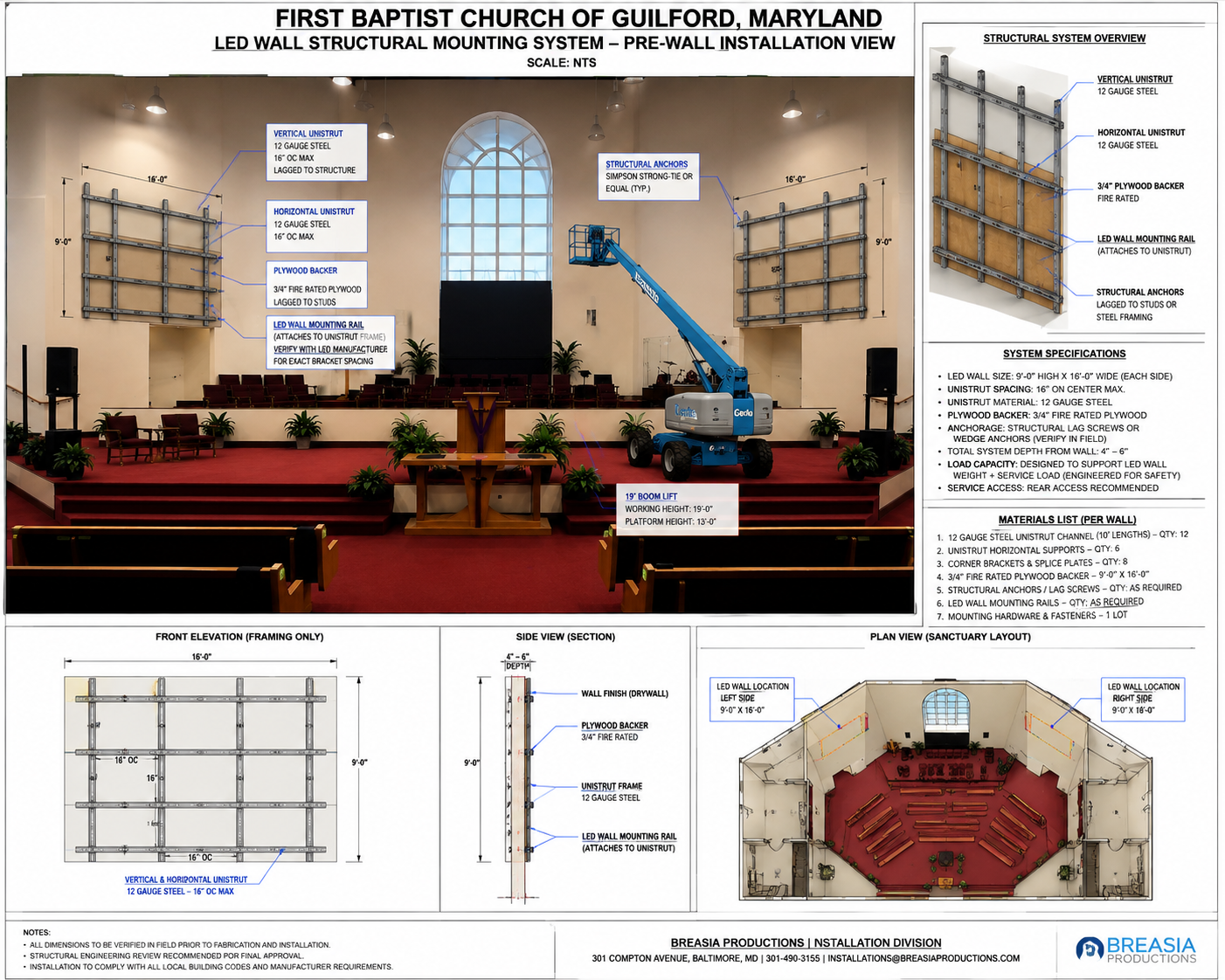 LED wall structural mounting drawing set for a church sanctuary installation
